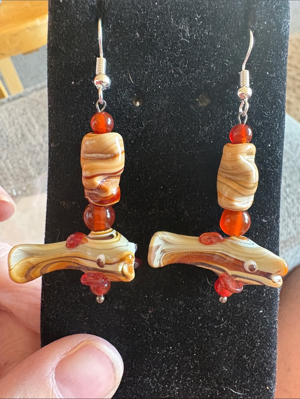 Hand Crafted Amber & Cream Swirl Glass Drop Fish Earrings with Carnelian Accents